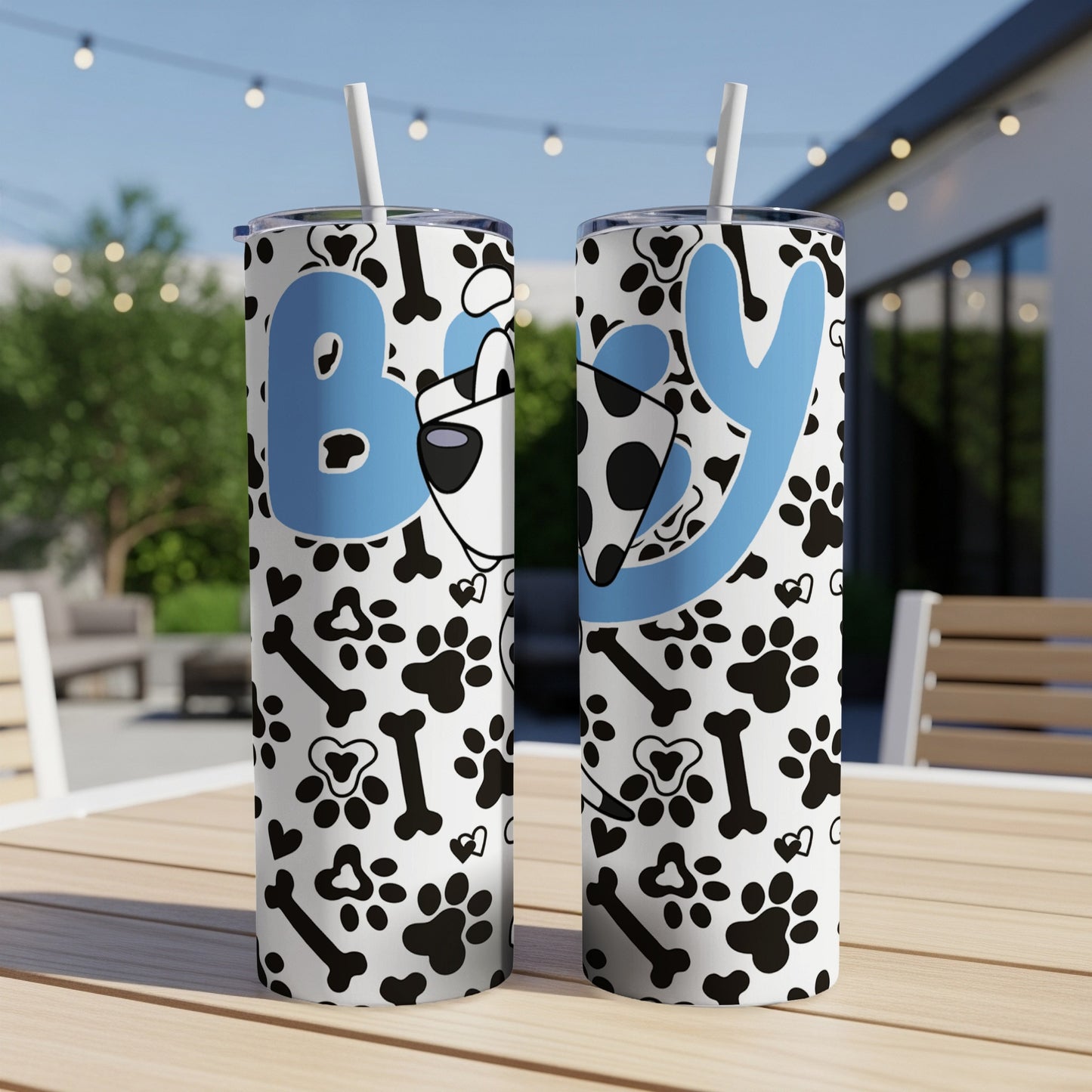 Two tumblers with "Boy" text and dog paw and bone pattern.