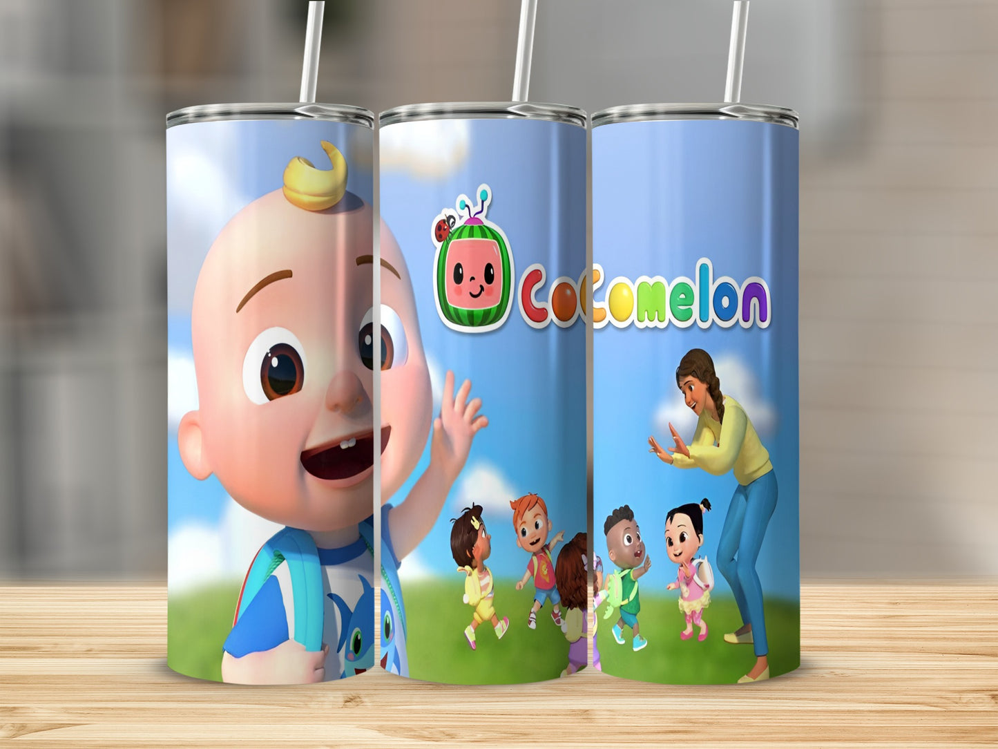 Cocomelon characters JJ, family, and friends with logo on a tumbler.