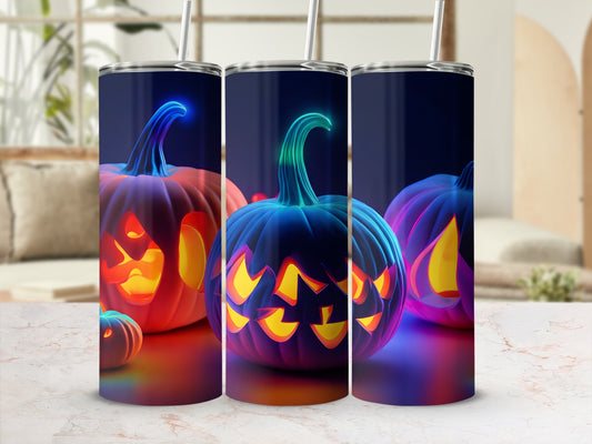 Halloween tumblers with glowing jack-o'-lantern faces.