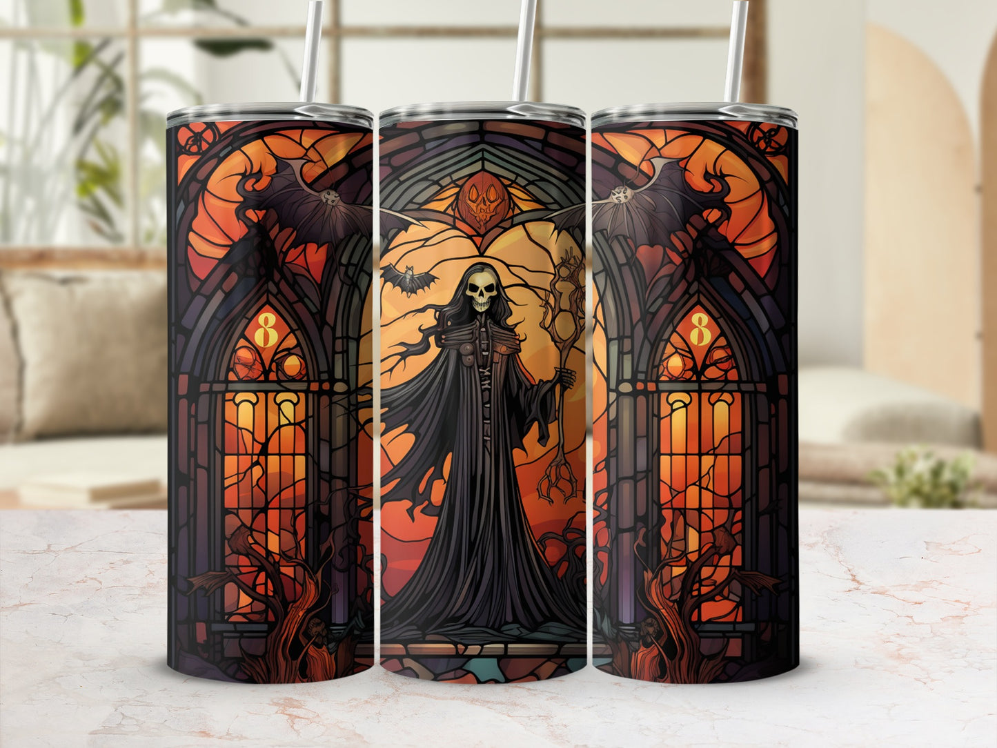 Grim Reaper in stained glass style on a tumbler with bats and pumpkin.