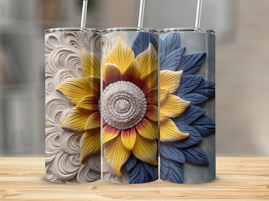 Three tumblers with embossed floral designs in yellow, blue, and white.