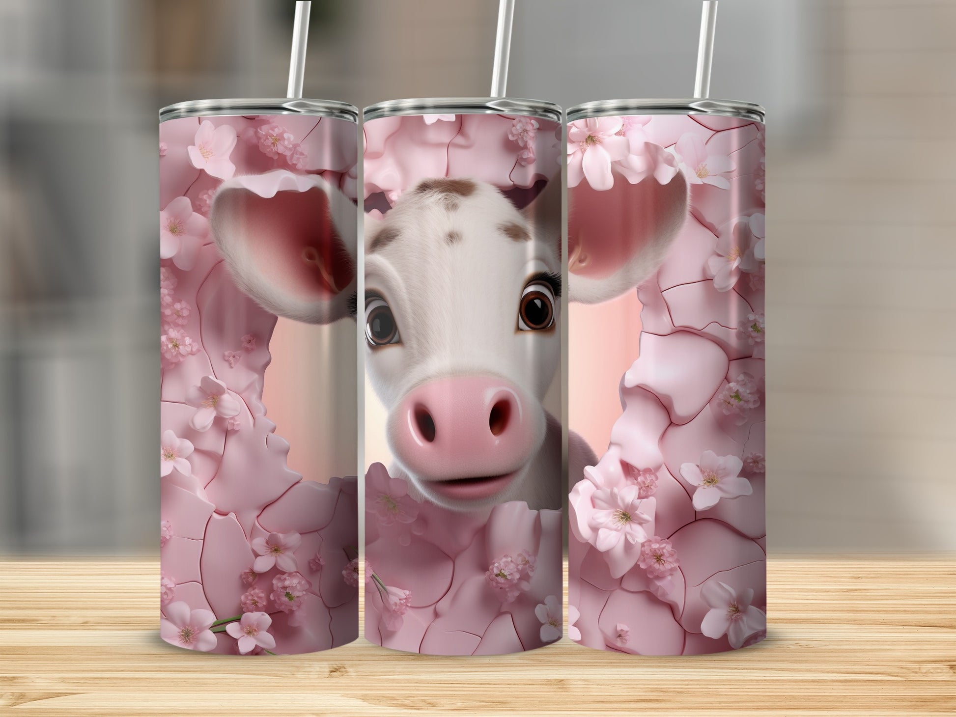 Cute baby cow pink flowers cracked design skinny tumbler product type