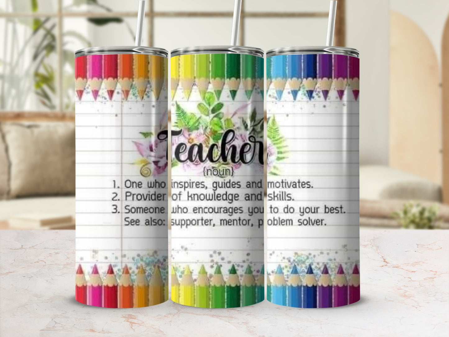 Teacher Definition With Flowers And Pencils Tumblers