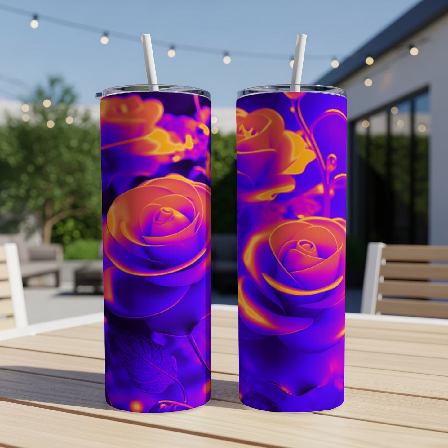Two tall tumblers with a vibrant purple and orange rose design.