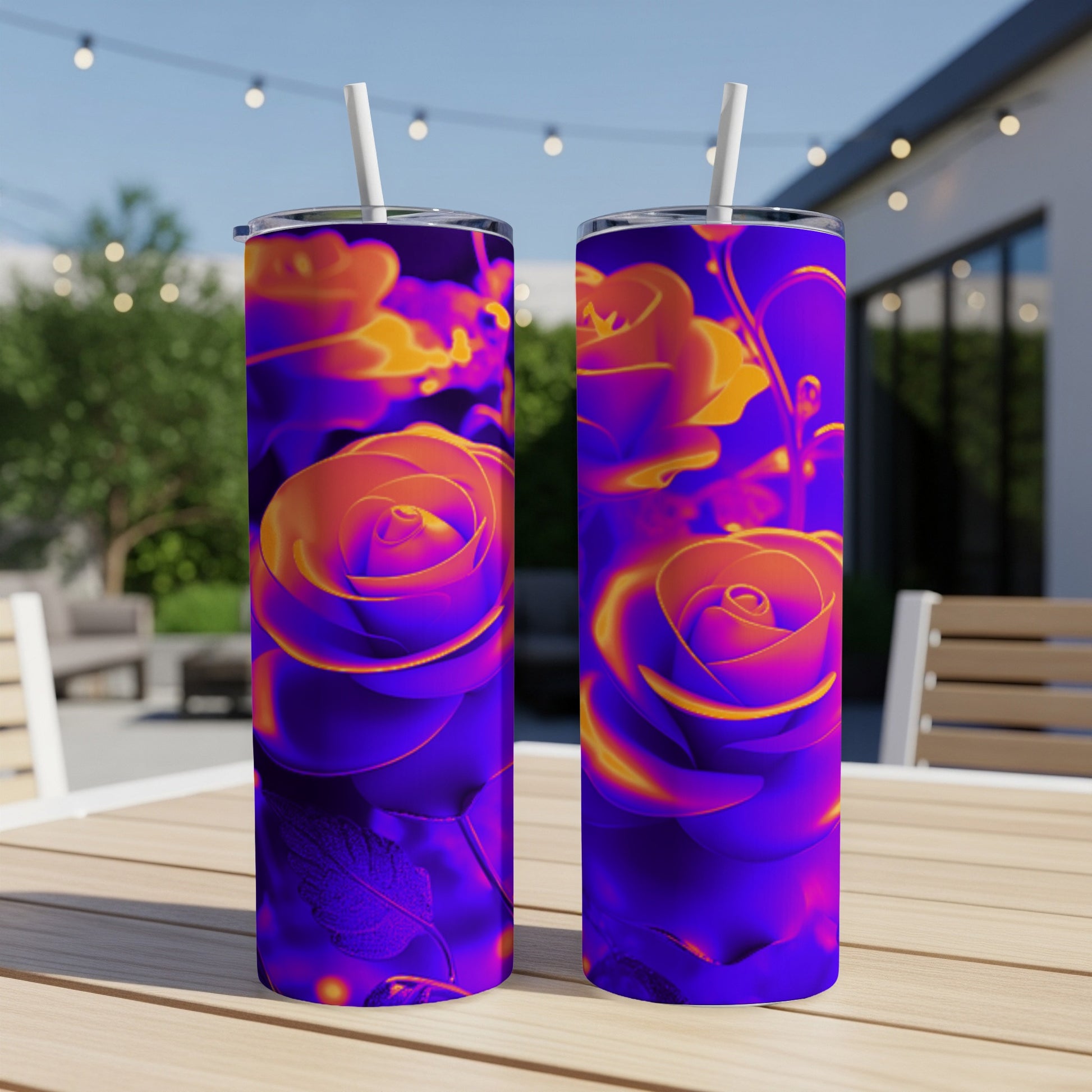 Two tall tumblers with a vibrant purple and orange rose design.