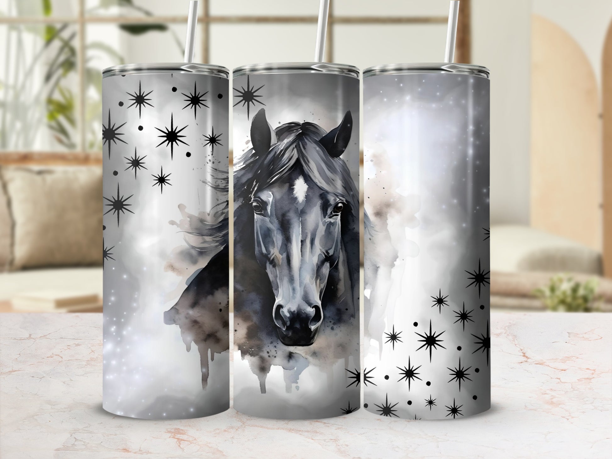 Elegant Horse Watercolor Tumbler With Stars Design