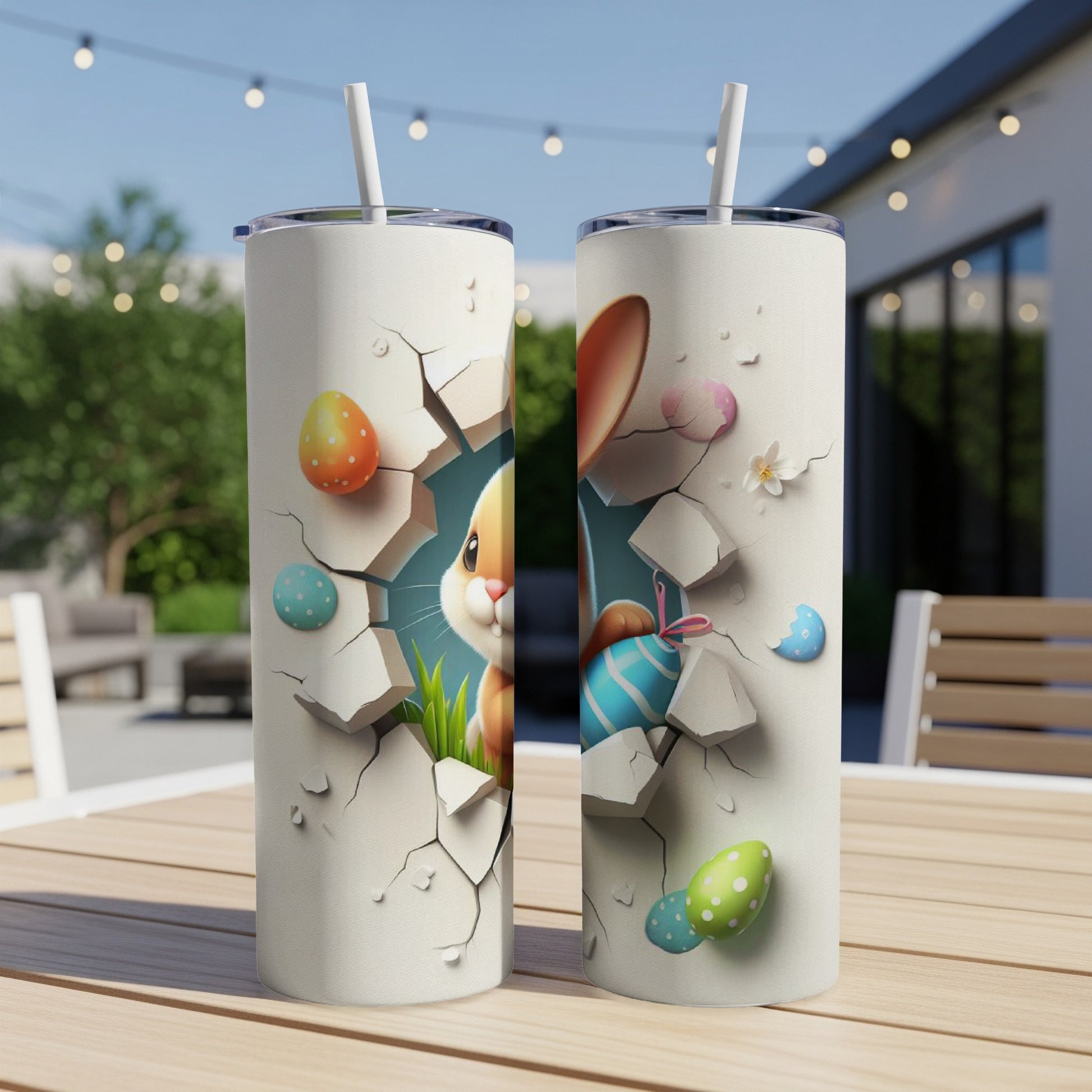 Two white tumblers with a cracked Easter egg design and a bunny peeking through.