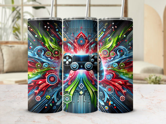 Three tumblers featuring a colorful, abstract video game controller design.