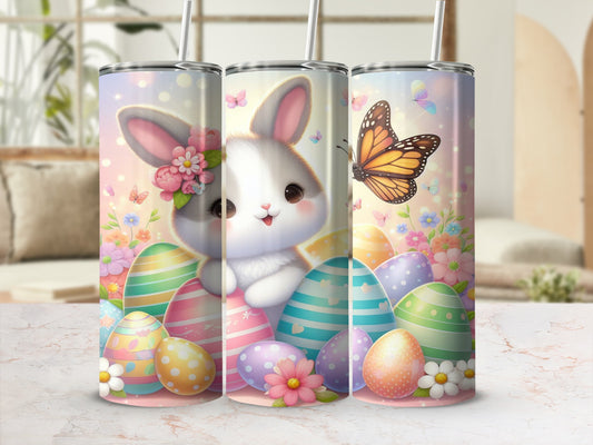 Easter bunny with colorful eggs and butterflies on tumblers.