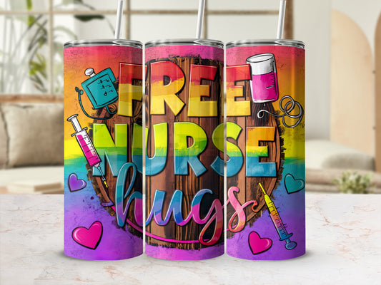 Rainbow tumbler with "FREE NURSE HUGS" text, hearts, and medical symbols.