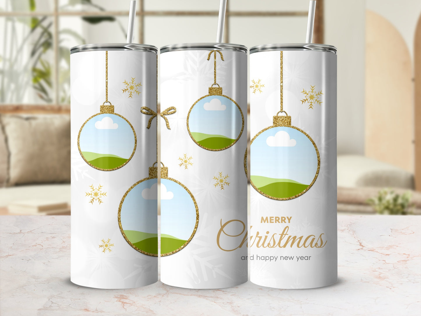 Three tumblers with a white Christmas design featuring ornaments and snowflakes.