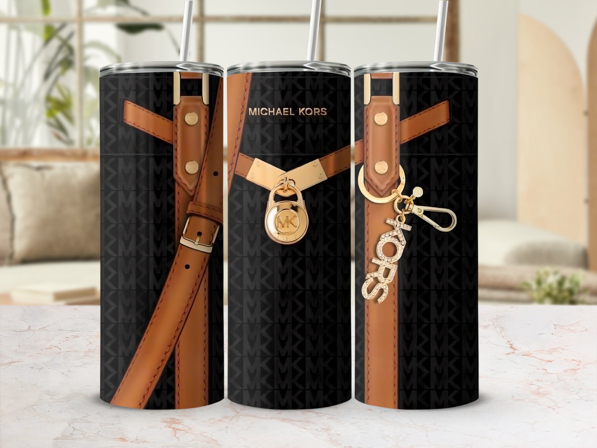 Designer tumbler with stylish brown belt pattern