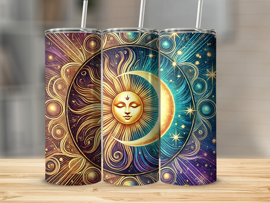 Mystical Sun Moon Mandala Design Golden Purple Blue Tumbler product type