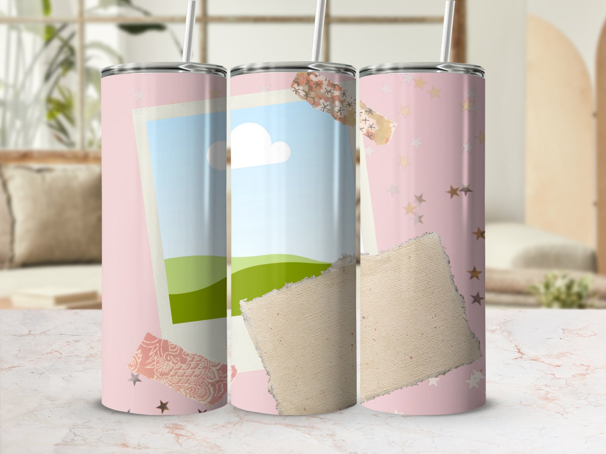 Three pink tumblers with starry pattern and torn paper collage design.