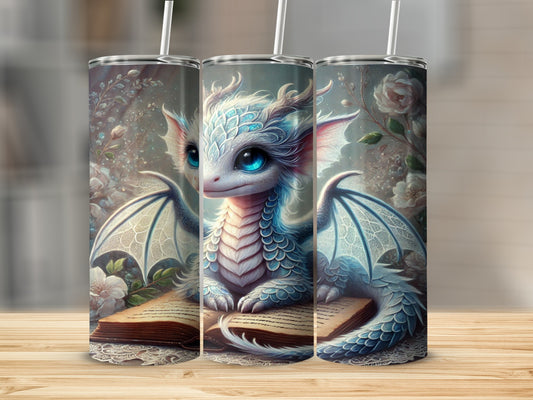 Adorable Blue Dragon With Book Floral Tumbler