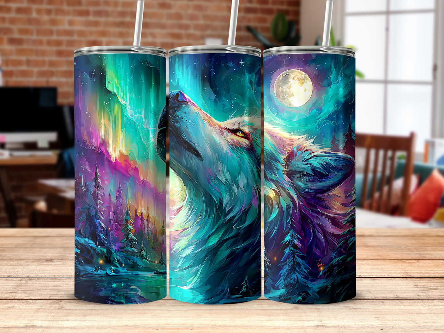 Northern Lights Wolf Art Insulated Tumbler