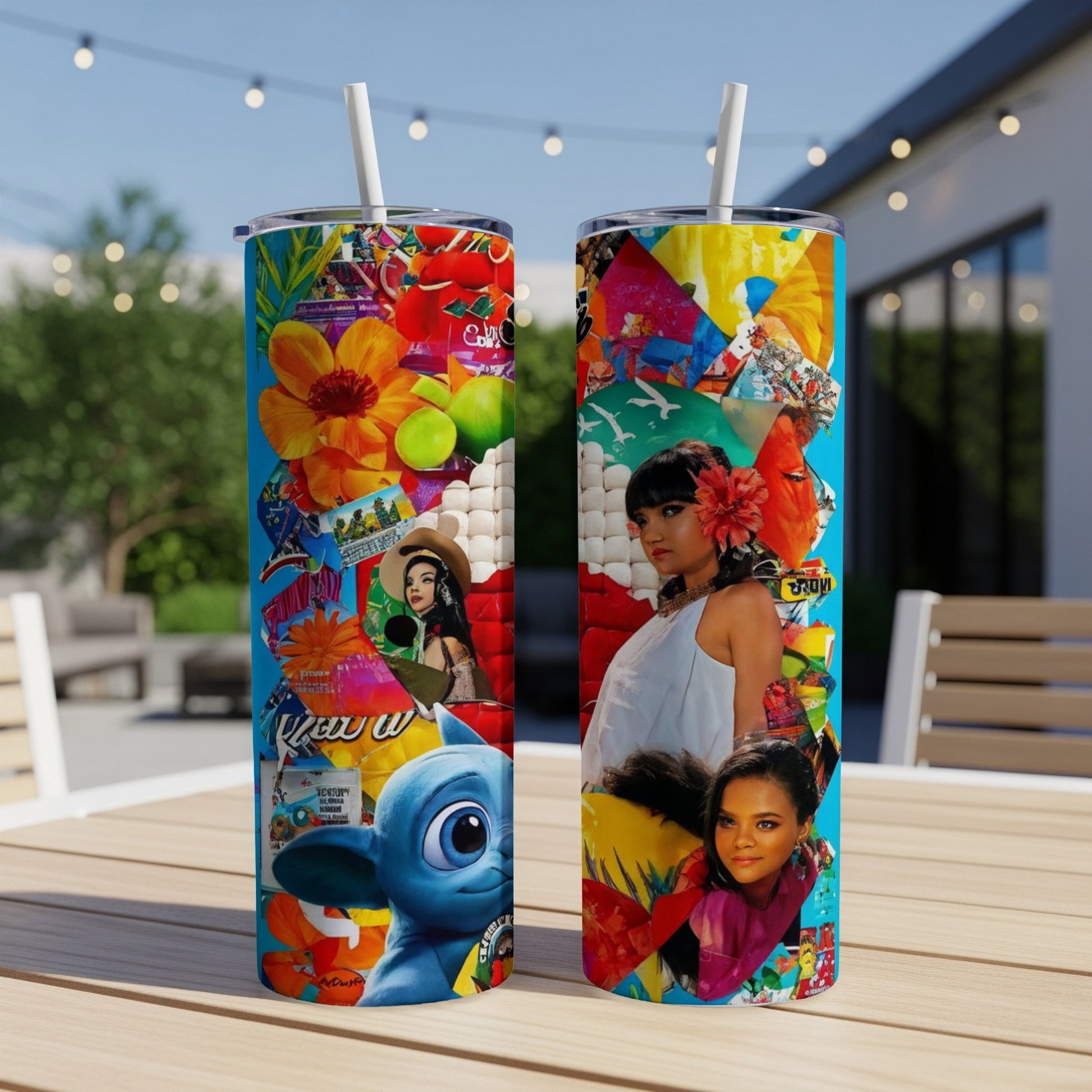 Two colorful tumblers with collage art featuring women, flowers, and a blue cartoon character.