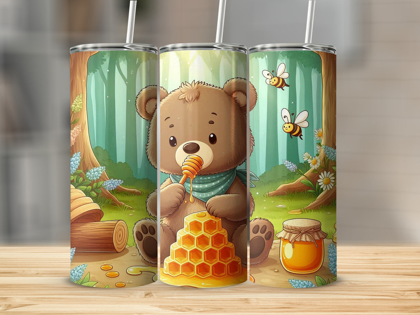 Cute Bear Honeycomb Bees In Forest Art Design Tumblers