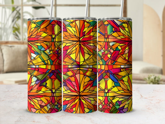 Three stained glass tumblers with colorful geometric floral patterns.