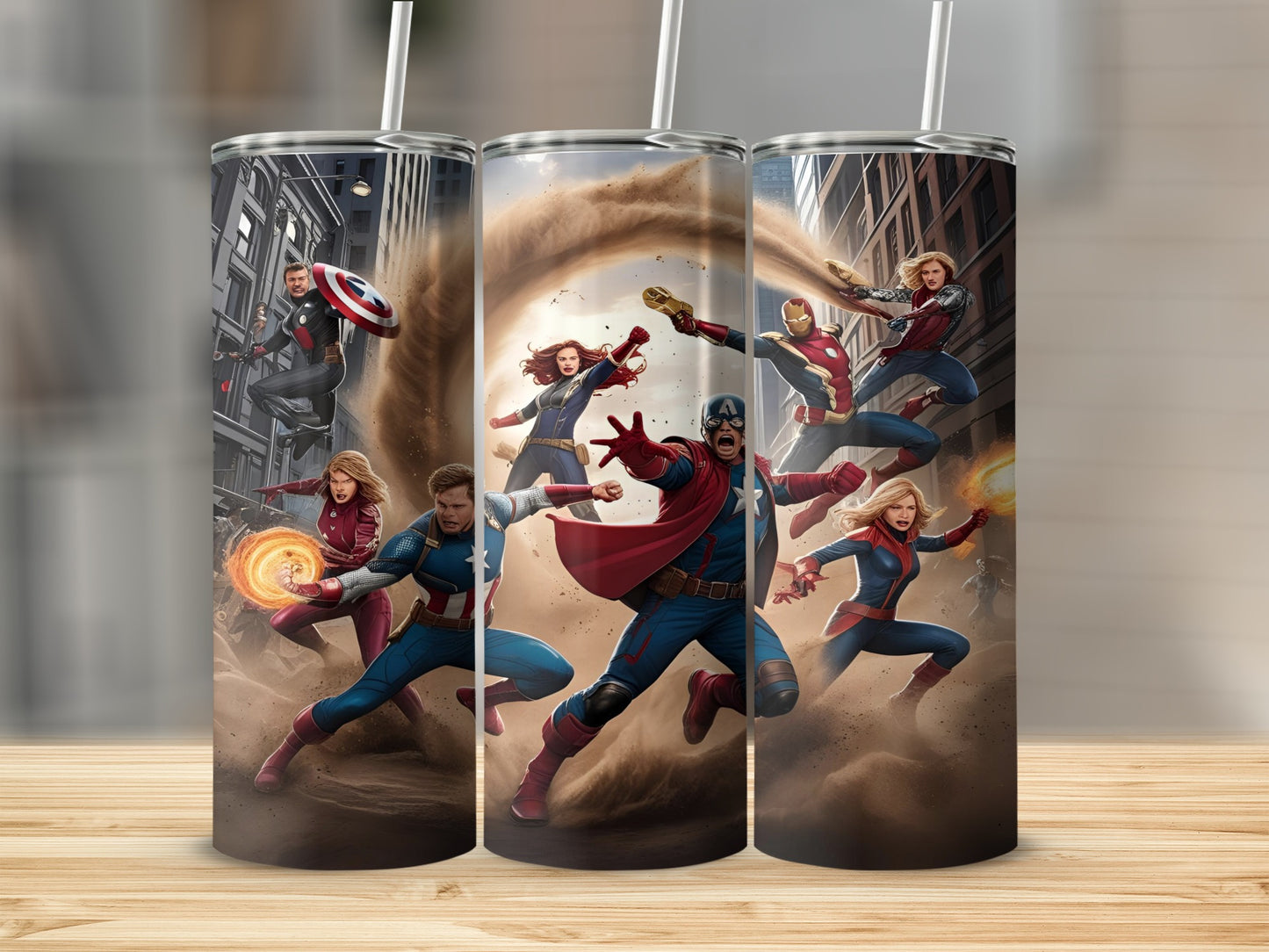 Avengers superhero team in action, battling villains amidst city debris.