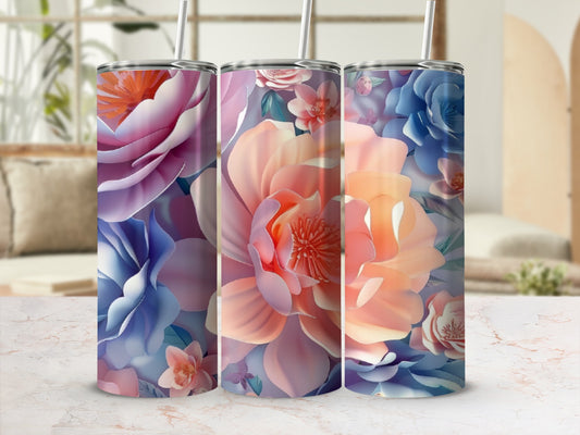 Floral tumbler design with pink, peach, and blue petals.
