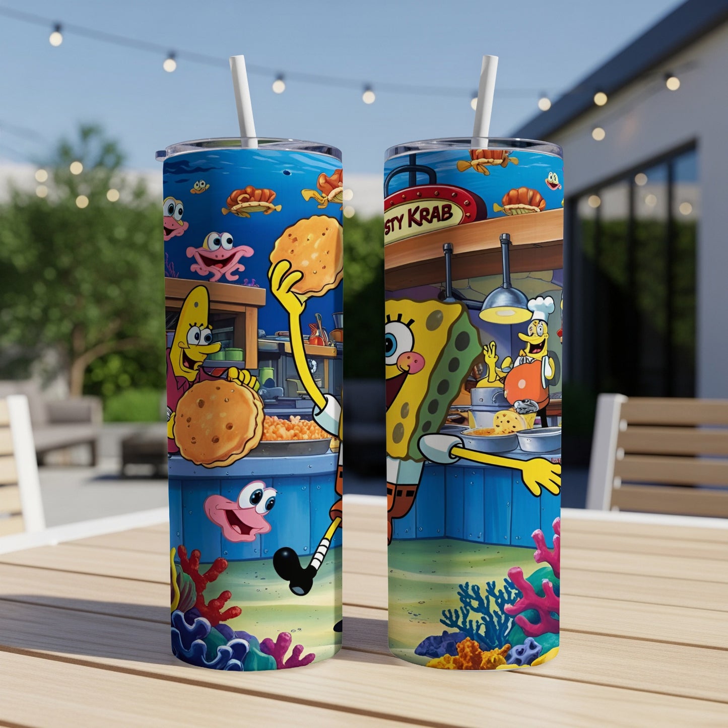 SpongeBob SquarePants character on a tumbler, cooking Krabby Patties.