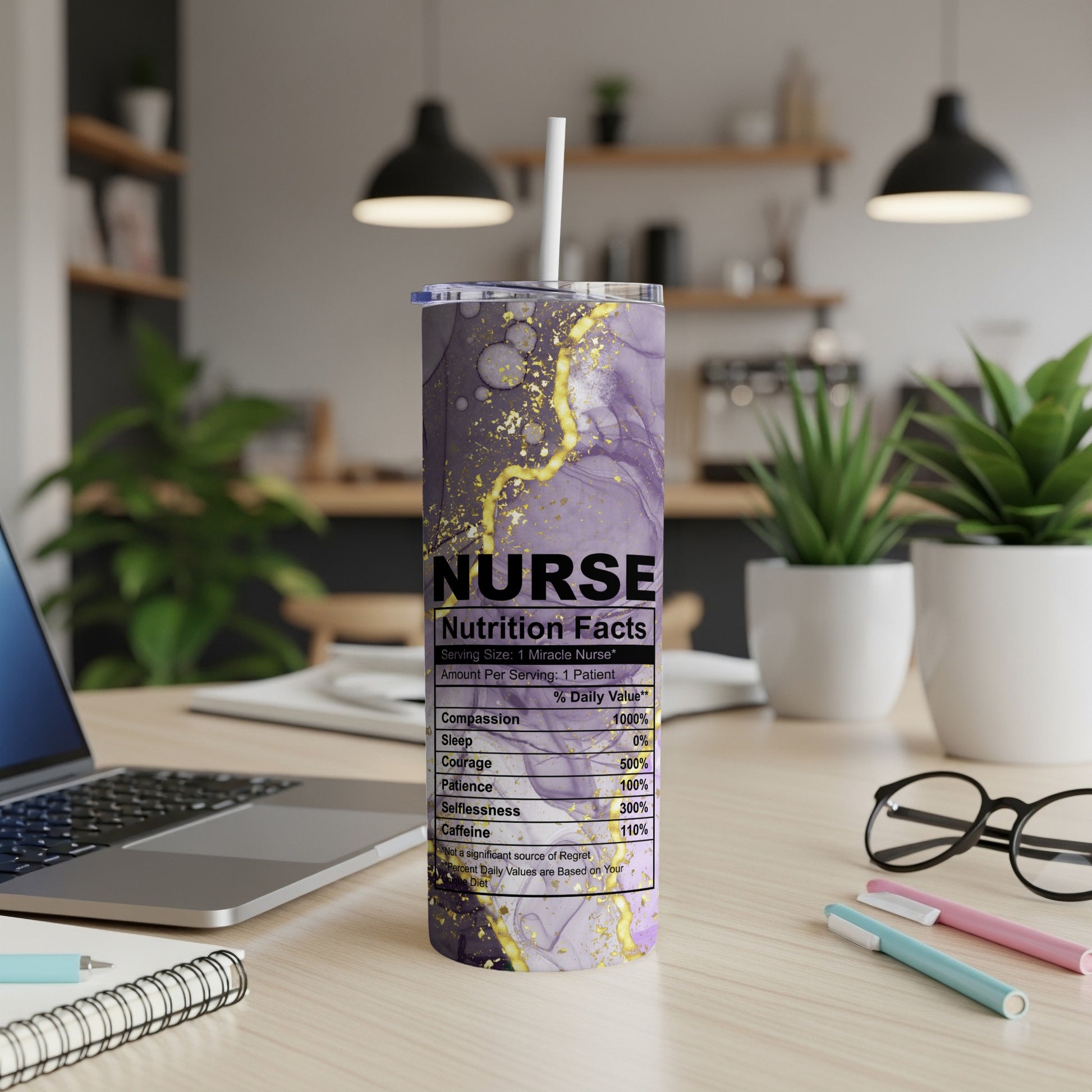 Tumbler with "Nurse Nutrition Facts" label listing positive traits and percentages.