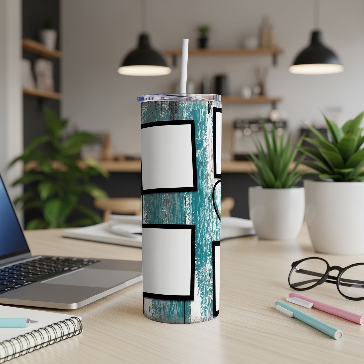 Tumbler with teal wood grain design and multiple blank white photo frames.