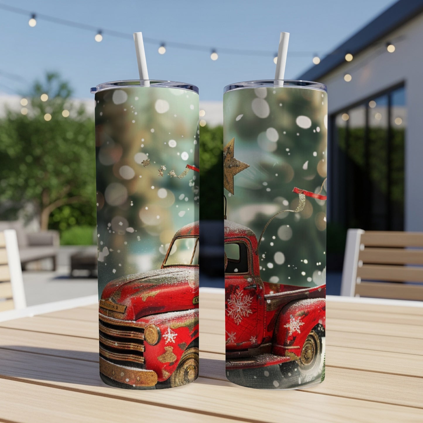 Red vintage truck with snowflakes on a Christmas tumbler.