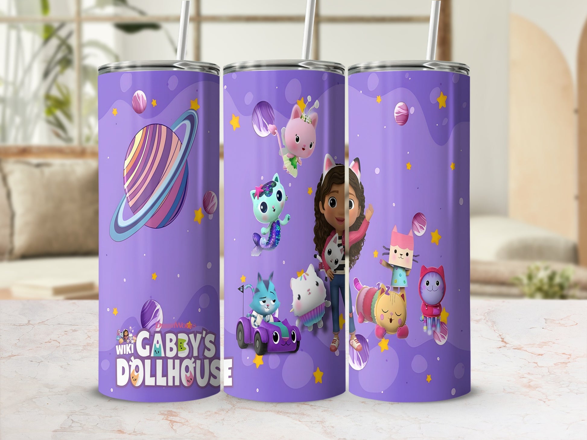Gabby's Dollhouse 16 oz tumbler with colorful characters and planet illustrations.