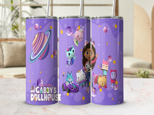 Gabby's Dollhouse 16 oz tumbler with colorful characters and planet illustrations.