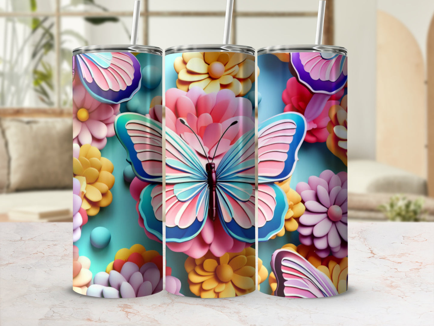 Butterfly and flowers on a teal background, a 3D rendering.