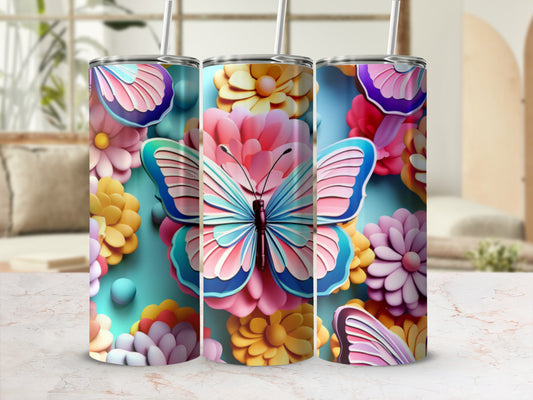 Butterfly and flowers on a teal background, a 3D rendering.