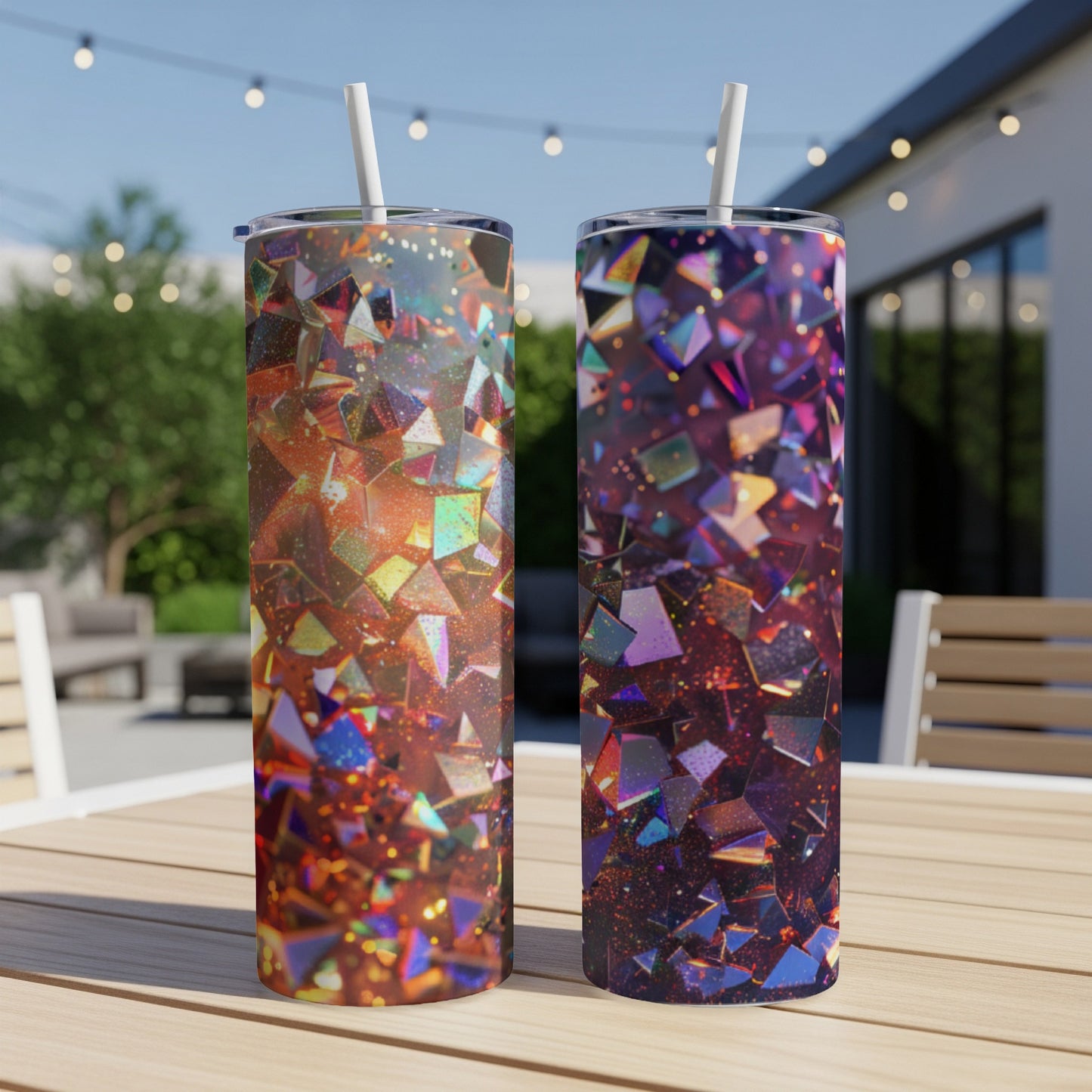 Two tumblers with geometric, sparkling patterns in orange and purple hues.