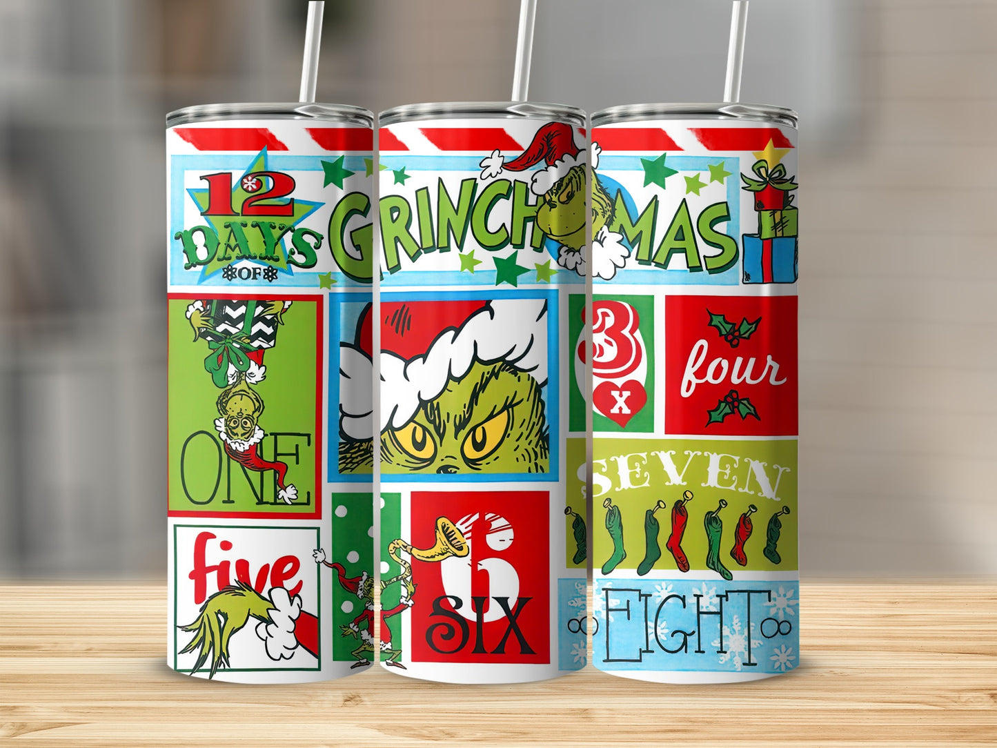 Grinch-themed tumbler with "12 Days of Grinchmas" and numbered illustrations.