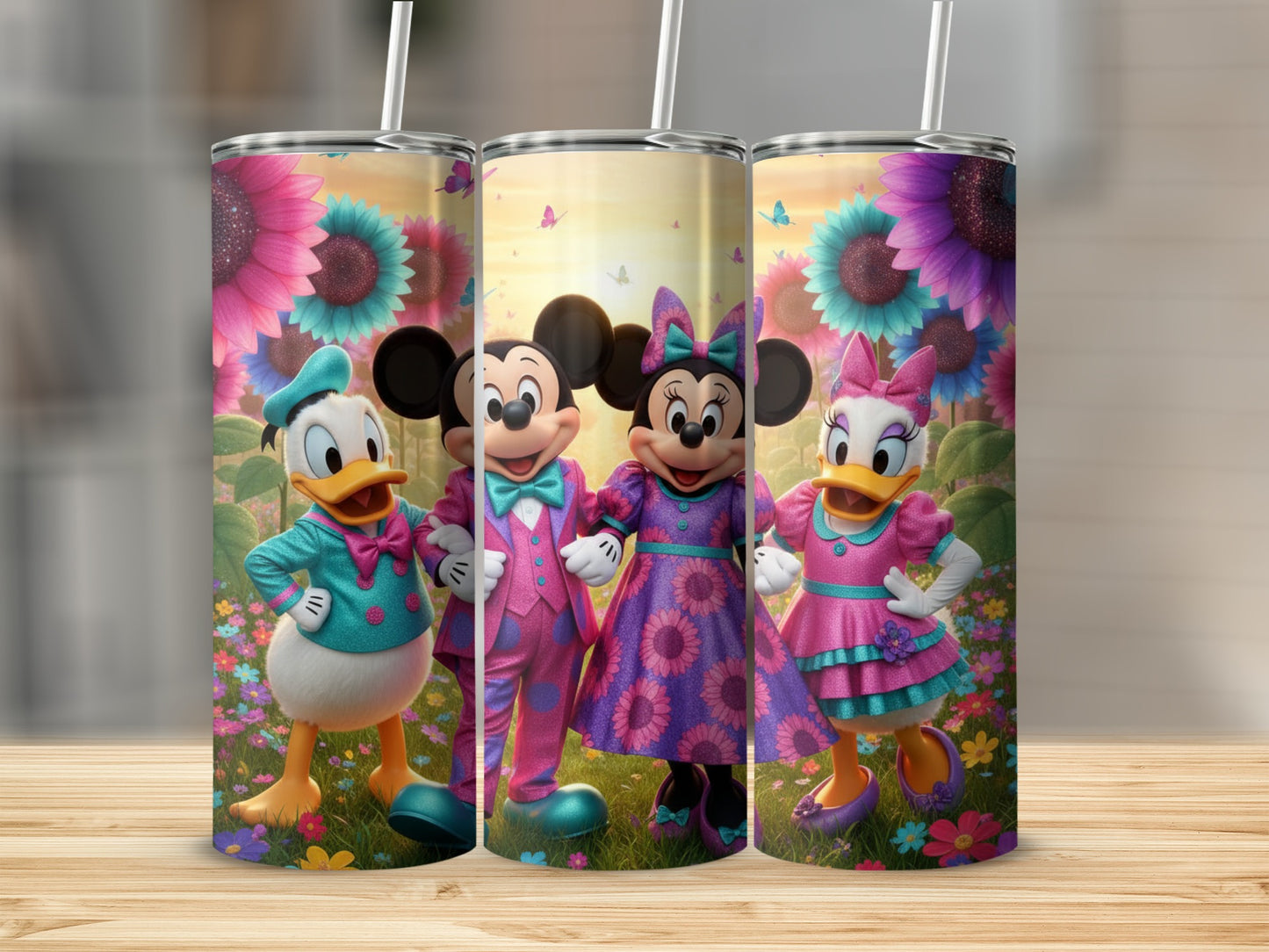 Colorful Disney Character Floral Theme Tumbler Set