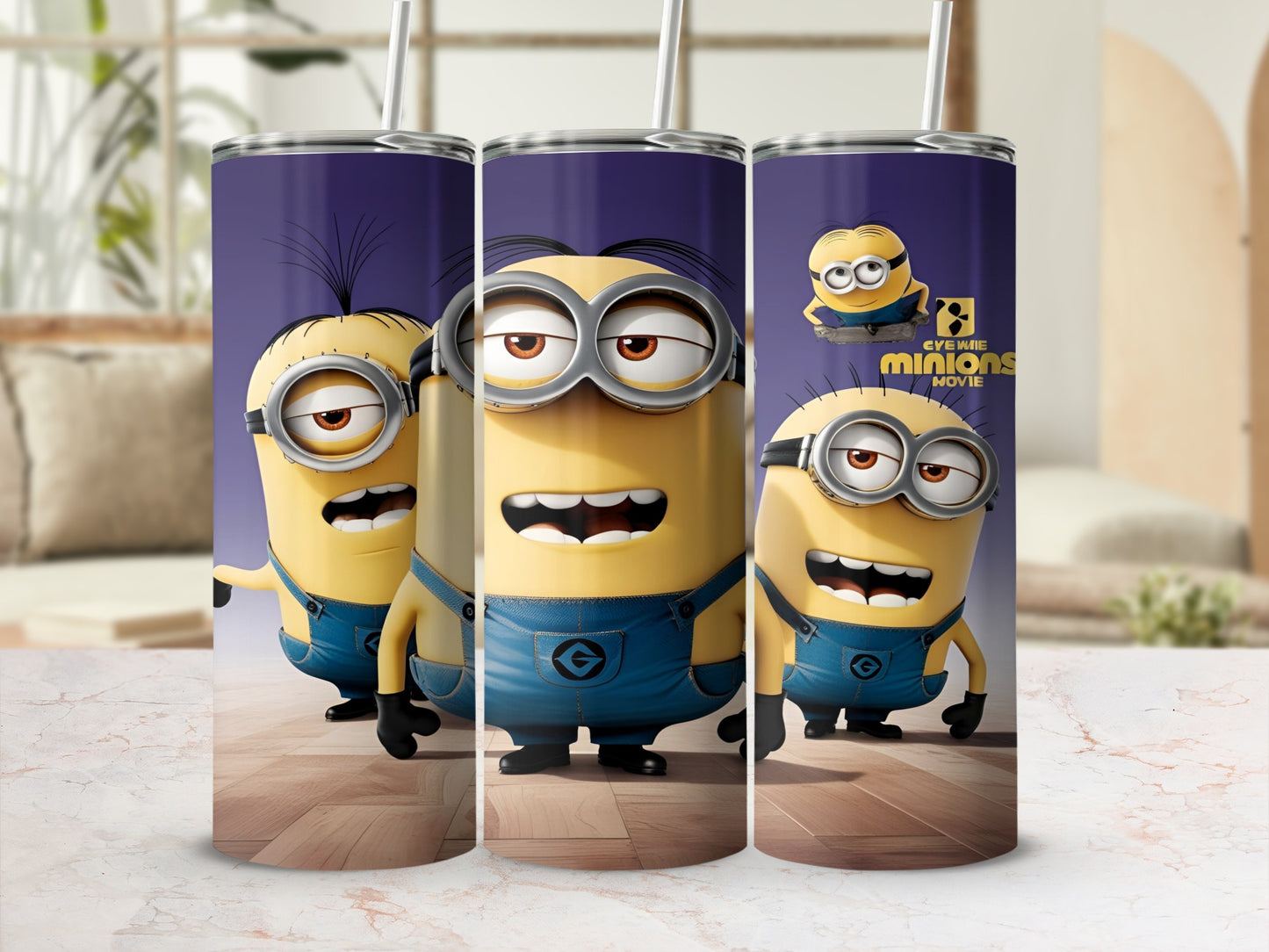 Three Minions characters from Despicable Me movie on a tumbler design.