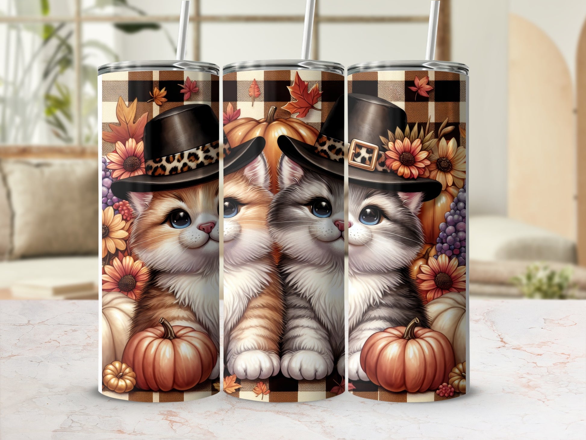 Two kittens wearing pilgrim hats and plaid scarves, surrounded by autumn leaves and pumpkins.