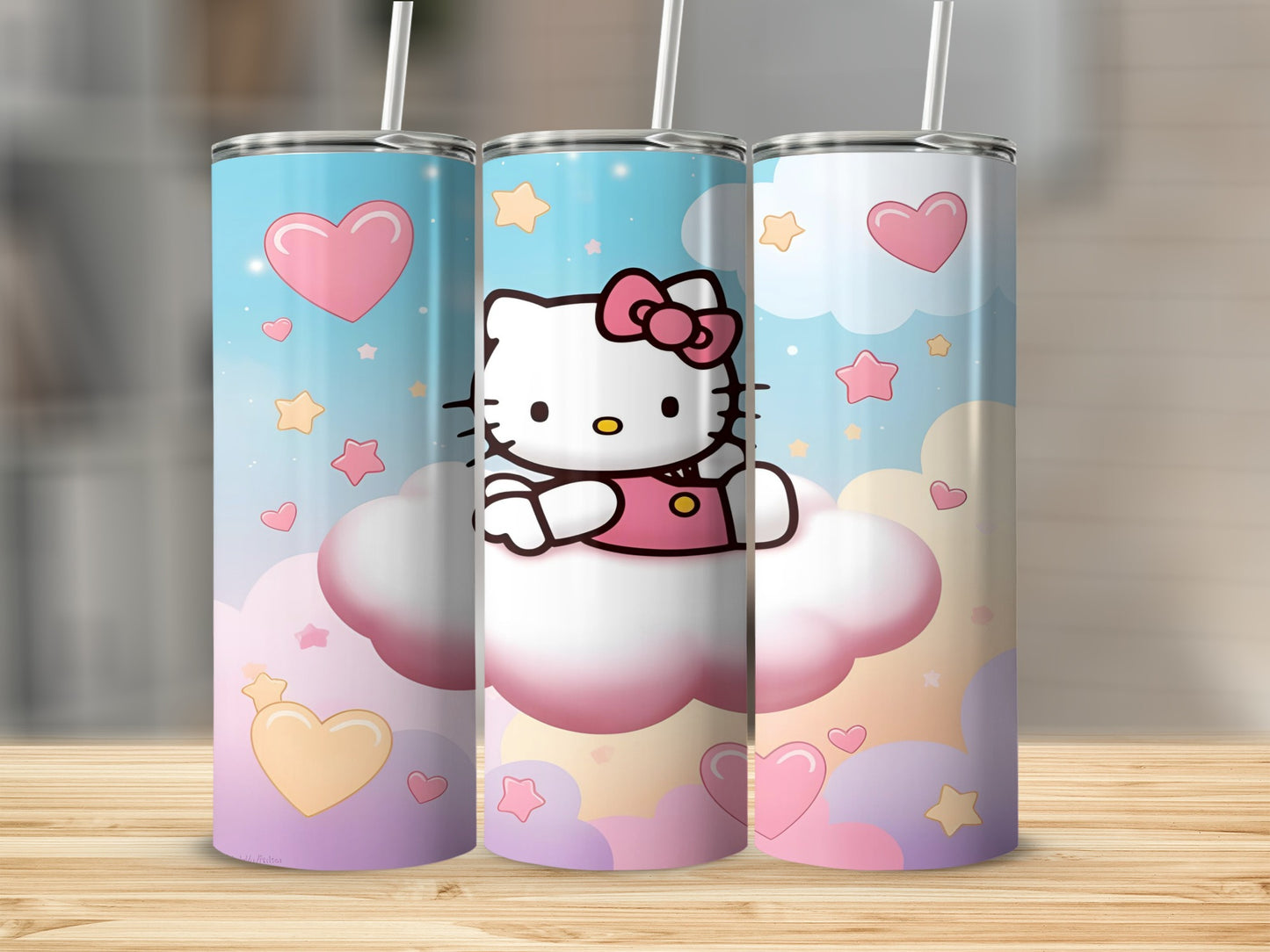 Hello Kitty on pastel clouds with hearts and stars.