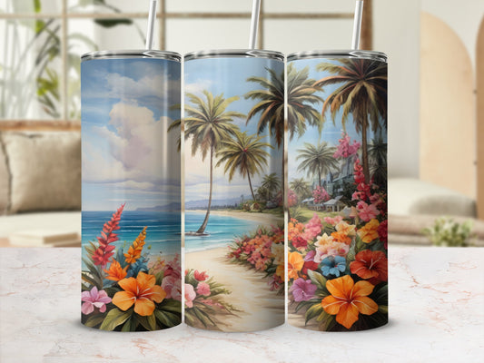 Three tumblers with a tropical beach and flower scene.