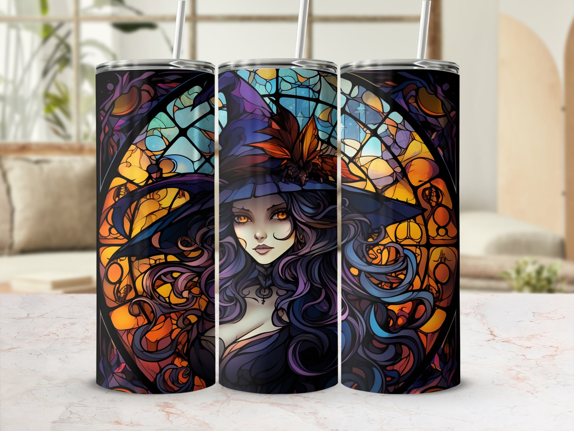 Witch with purple hair and orange accents on stained-glass tumbler.
