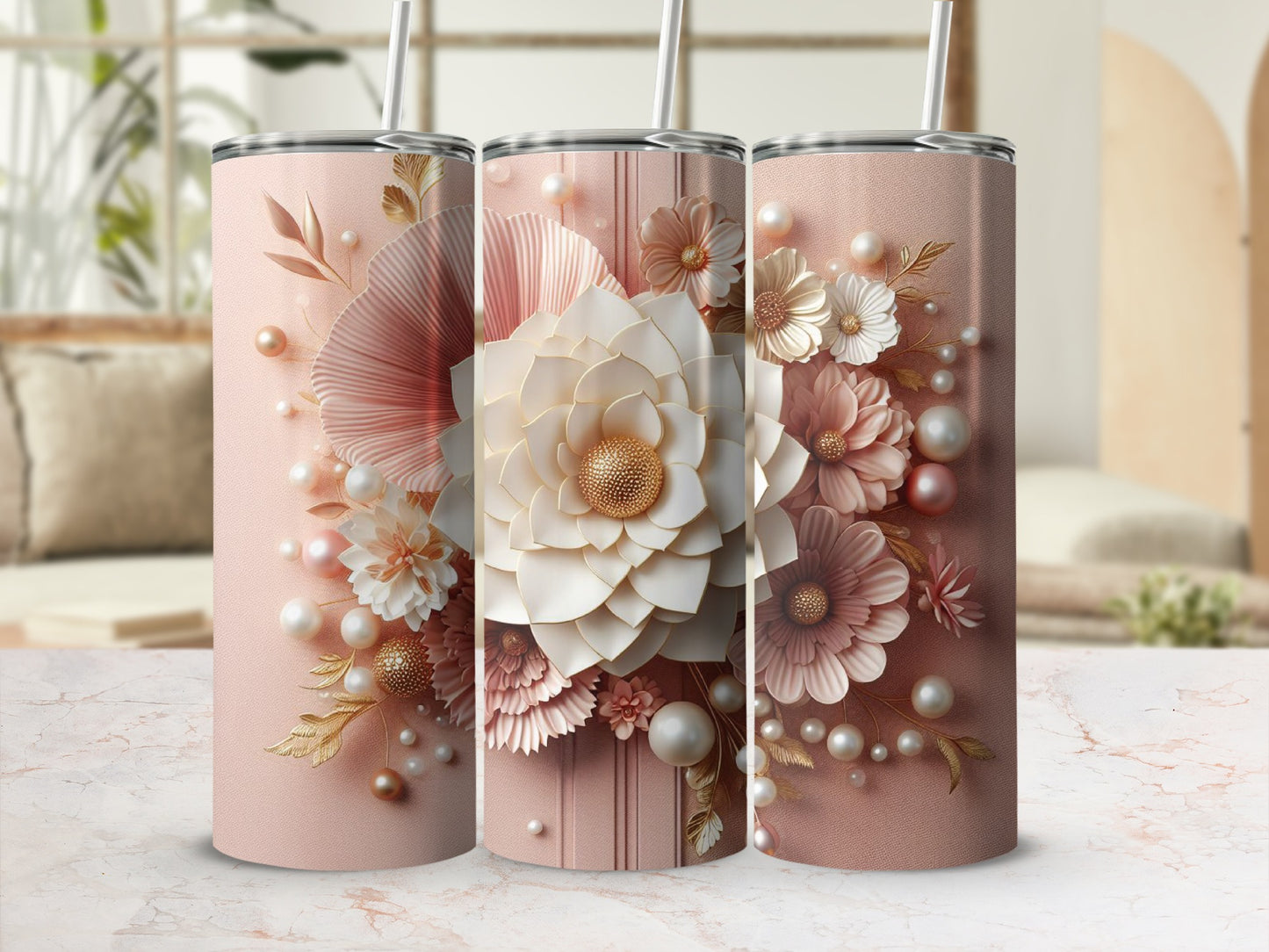 Pink floral tumbler with a straw, featuring embossed flowers and pearls.