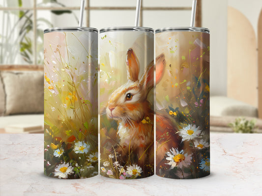 Three tumblers featuring a whimsical bunny in a spring floral field.