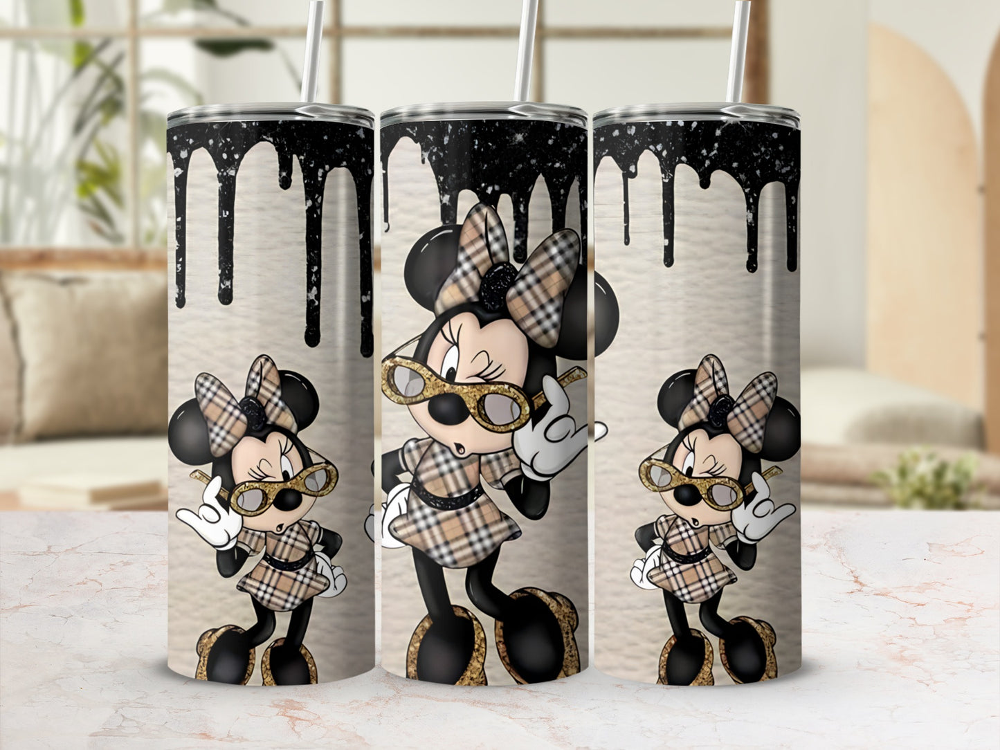 Chic Minnie Mouse Tumbler With Dripping Paint Design