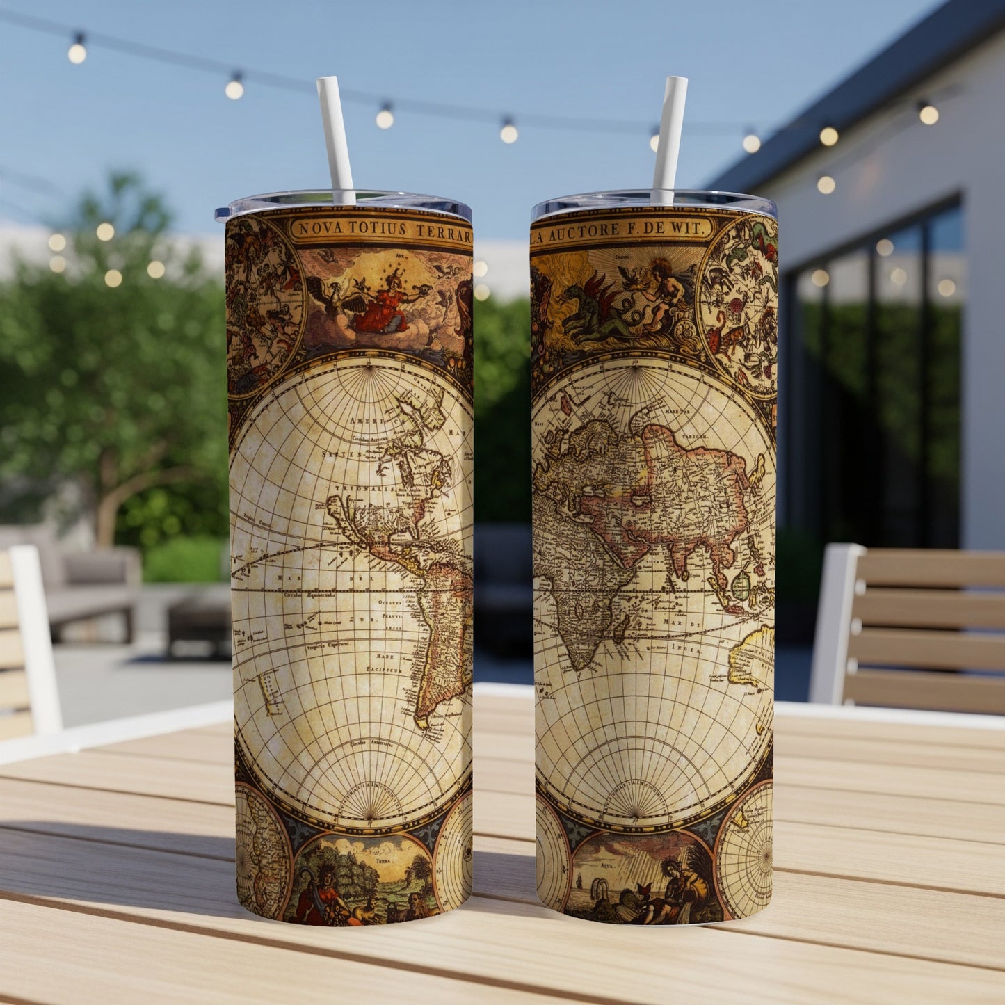 Two tumblers with antique map designs, featuring continents and celestial illustrations.