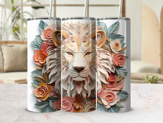 Tumbler with a fierce lion head and floral accents.