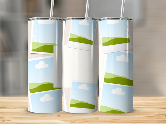 Three tumblers with layered polaroid-style photos of landscapes and clouds.