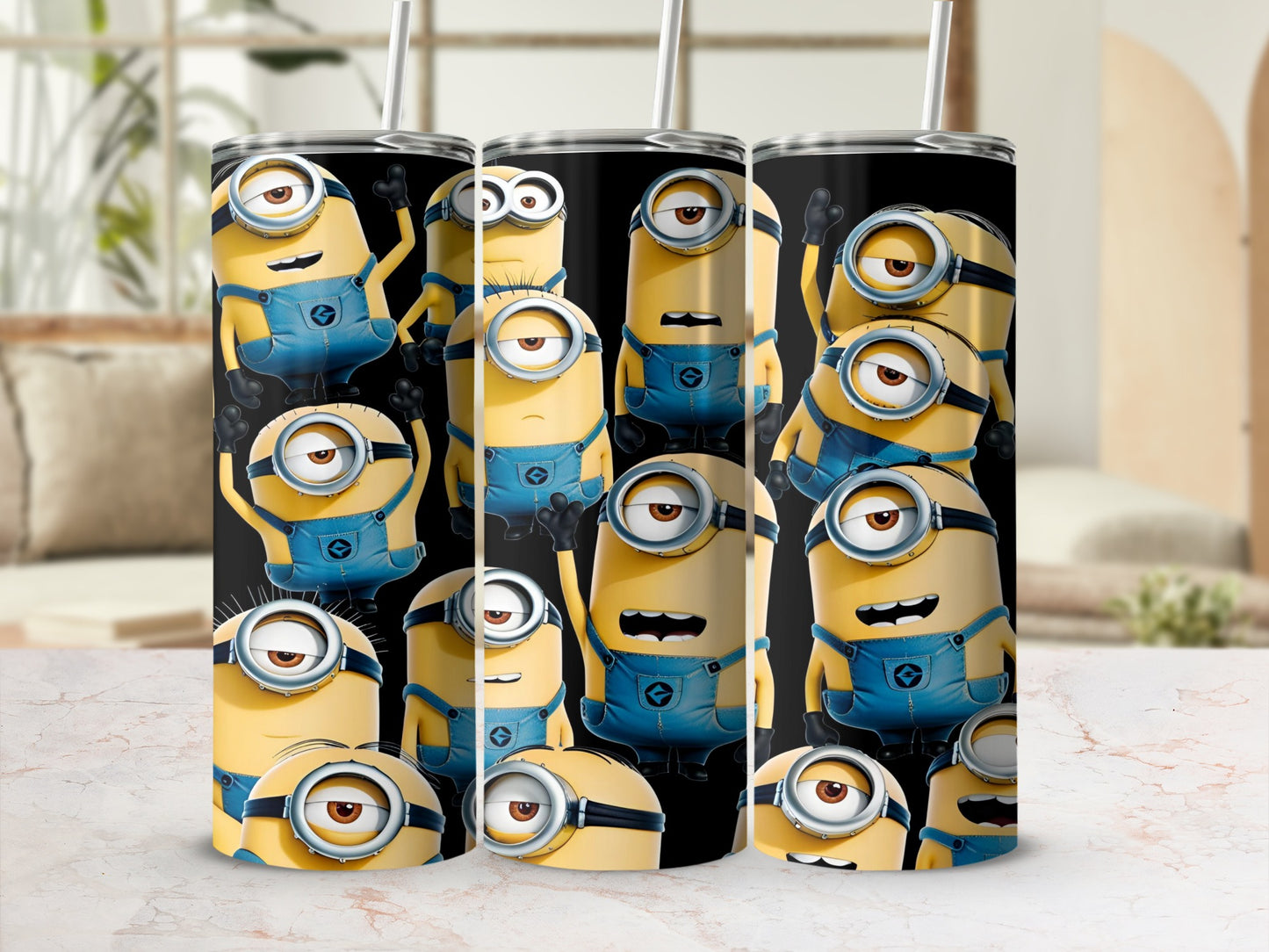 Several cartoon Minion characters with different expressions on a black background.