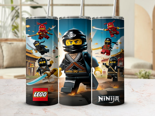 LEGO Ninjago characters on a tumbler with "LEGO" and "NINJA" logos.