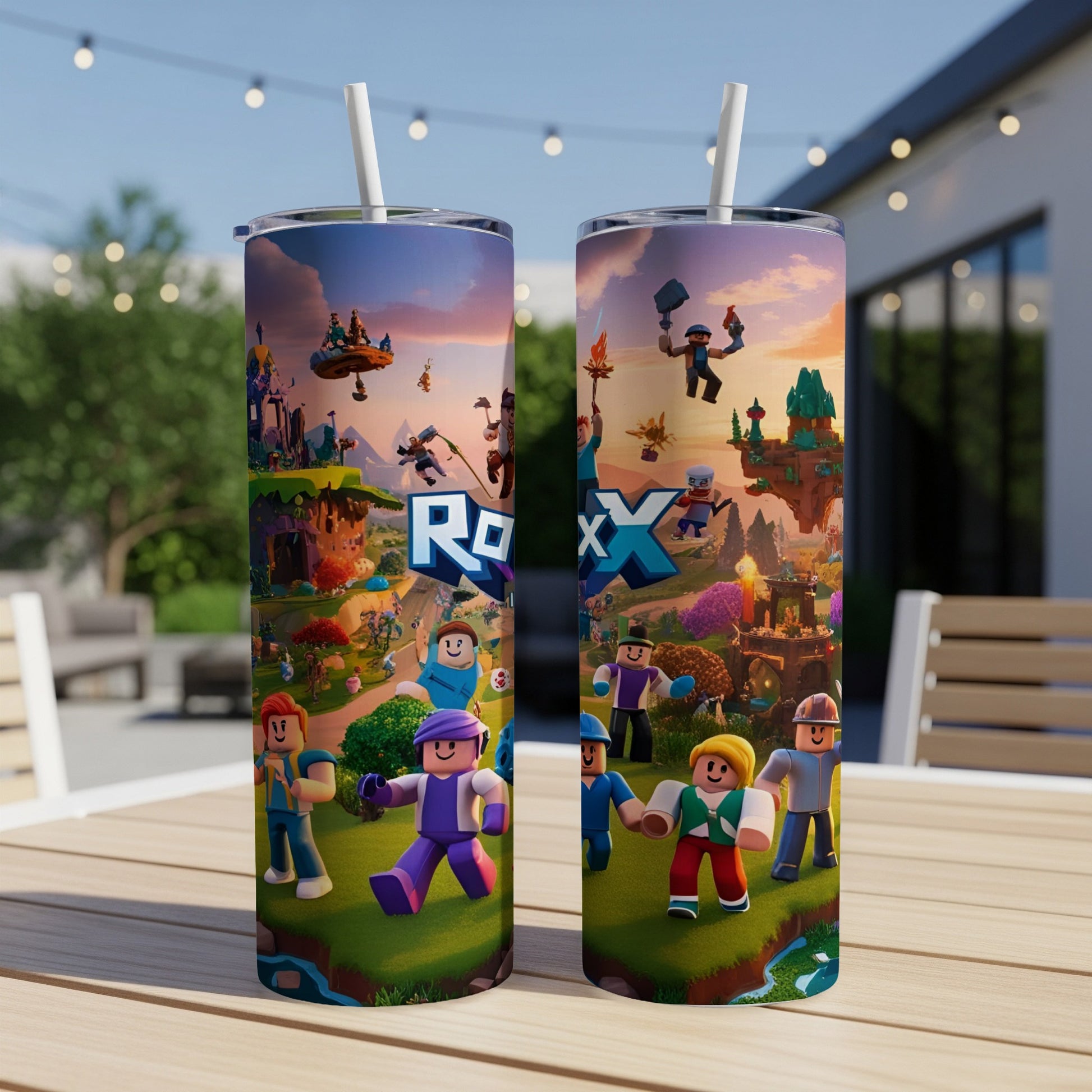 Roblox tumbler with characters and colorful game scenes.